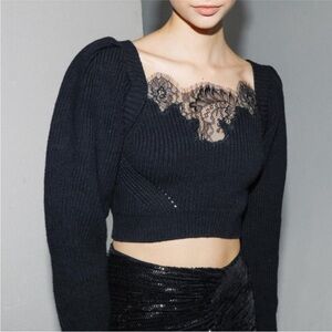 Self Portrait Black Lace Puff Sleeve Cropped Sweater Size Medium New With Tags!
